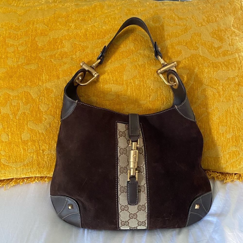 GUCCI brown suede monogram Jackie O Hobo Bag